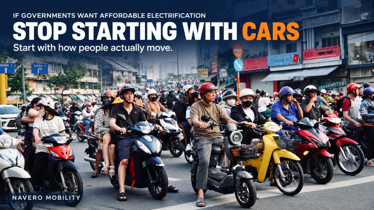 Motorcycles and three-wheelers in urban traffic illustrating affordable electrification policy